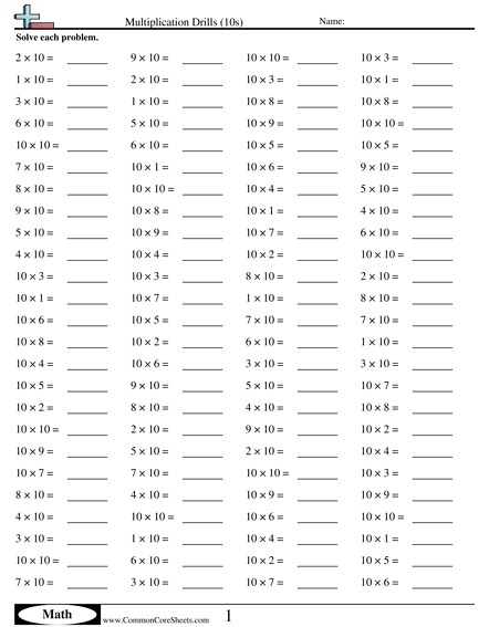 Multiplication Worksheets - 10s (horizontal) worksheet